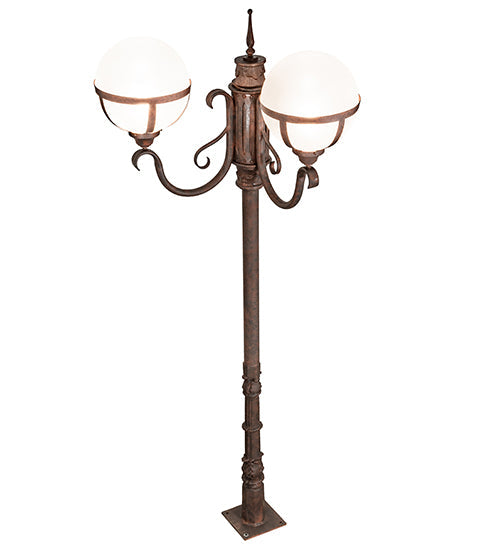 Meyda Lighting Bola 84"H x 35"W 2-Light Rusty Nail Tavern Street Outdoor Post Mount Light With Clear Frosted Shade