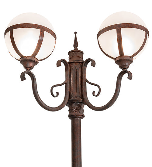 Meyda Lighting Bola 84"H x 35"W 2-Light Rusty Nail Tavern Street Outdoor Post Mount Light With Clear Frosted Shade