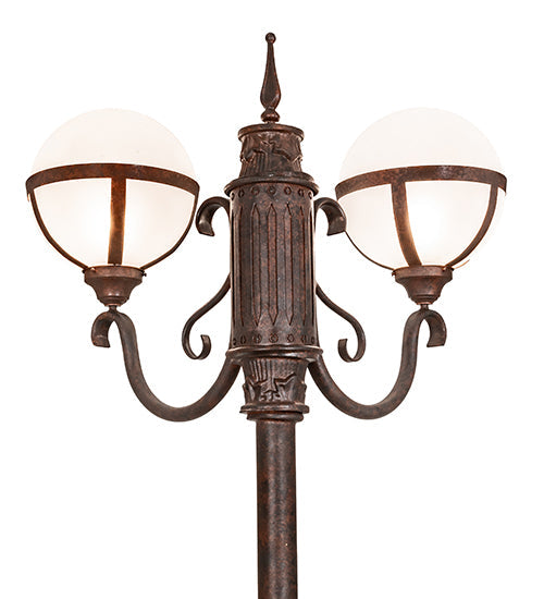 Meyda Lighting Bola 84"H x 35"W 2-Light Rusty Nail Tavern Street Outdoor Post Mount Light With Clear Frosted Shade