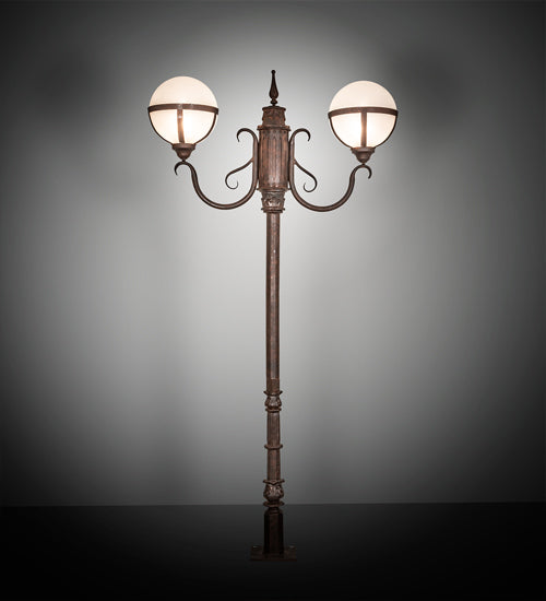 Meyda Lighting Bola 84"H x 43"W 2-Light Rusty Nail Tavern Street Outdoor Post Mount Light With Contrail Mist Idalight Shade