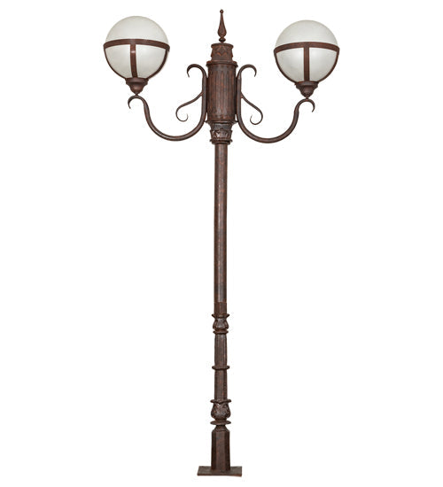 Meyda Lighting Bola 84"H x 43"W 2-Light Rusty Nail Tavern Street Outdoor Post Mount Light With Contrail Mist Idalight Shade
