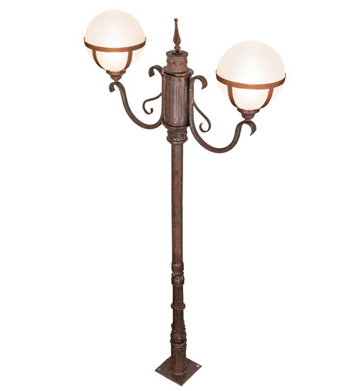 Meyda Lighting Bola 84"H x 43"W 2-Light Rusty Nail Tavern Street Outdoor Post Mount Light With Contrail Mist Idalight Shade