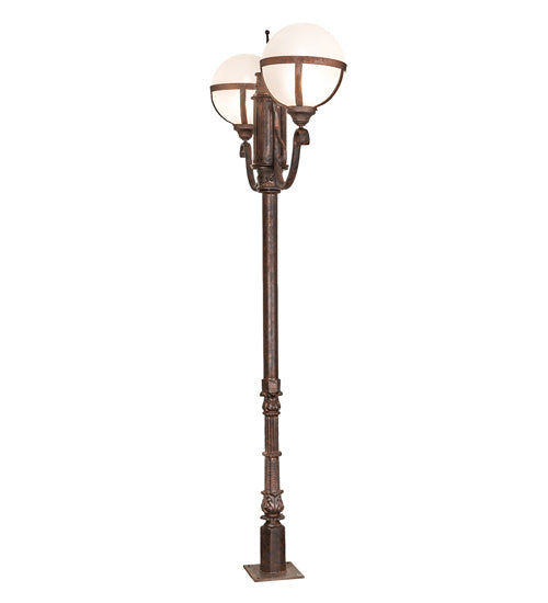 Meyda Lighting Bola 84"H x 43"W 2-Light Rusty Nail Tavern Street Outdoor Post Mount Light With Contrail Mist Idalight Shade
