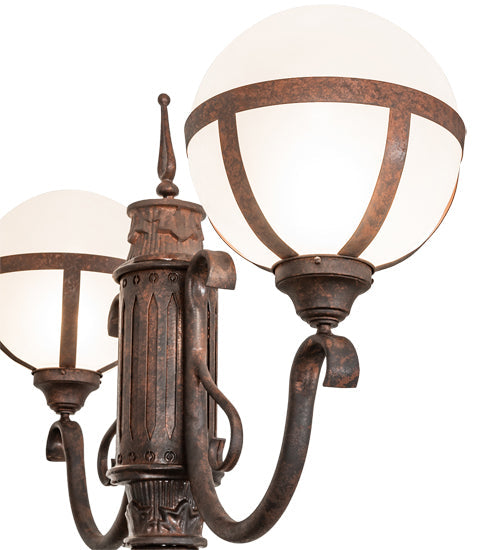 Meyda Lighting Bola 84"H x 43"W 2-Light Rusty Nail Tavern Street Outdoor Post Mount Light With Contrail Mist Idalight Shade