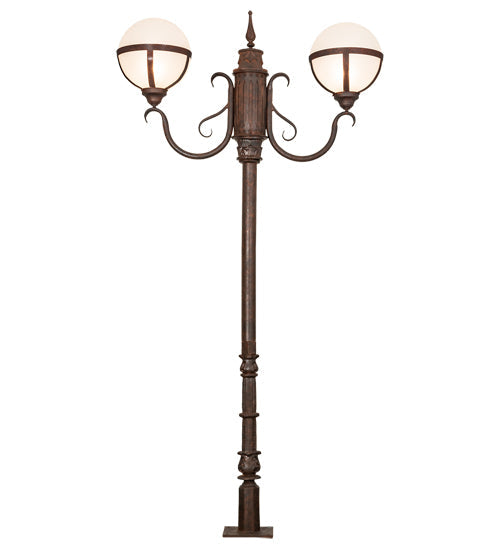 Meyda Lighting Bola 84"H x 43"W 2-Light Rusty Nail Tavern Street Outdoor Post Mount Light With Contrail Mist Idalight Shade