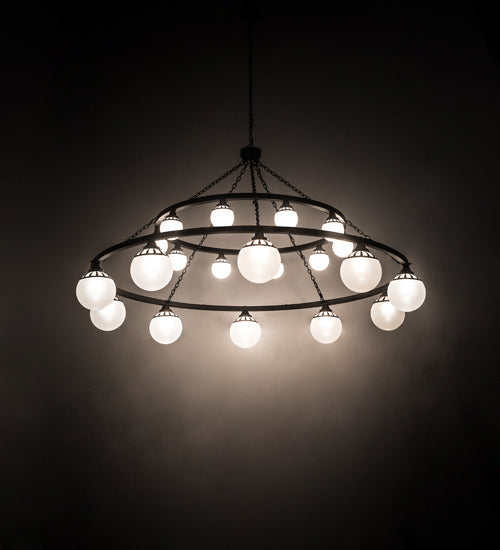 Meyda Lighting Bola 96" 20-Light 2-Tier Old Wrought Iron Tavern Chandelier With White Shade Glass