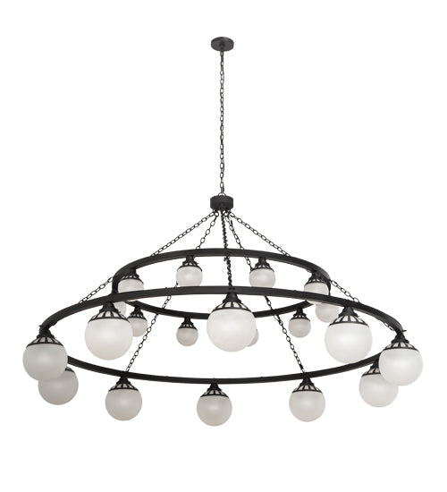 Meyda Lighting Bola 96" 20-Light 2-Tier Old Wrought Iron Tavern Chandelier With White Shade Glass