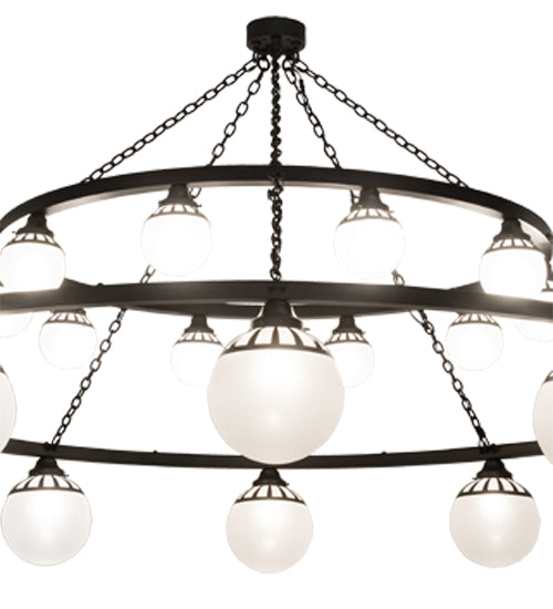 Meyda Lighting Bola 96" 20-Light 2-Tier Old Wrought Iron Tavern Chandelier With White Shade Glass