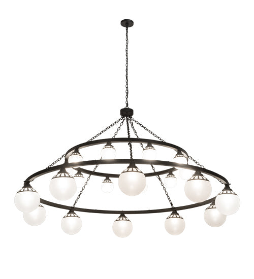 Meyda Lighting Bola 96" 20-Light 2-Tier Old Wrought Iron Tavern Chandelier With White Shade Glass