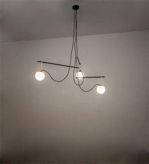 Meyda Lighting Bola Mahina 64" 3-Light Brushed Waxed Brass & Textured Black Pendant Pendant Light With White Opal Shade Glass