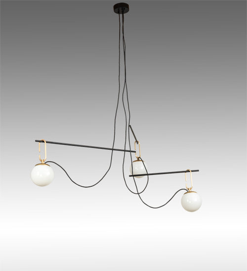 Meyda Lighting Bola Mahina 64" 3-Light Brushed Waxed Brass & Textured Black Pendant Pendant Light With White Opal Shade Glass