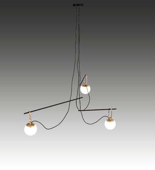Meyda Lighting Bola Mahina 64" 3-Light Brushed Waxed Brass & Textured Black Pendant Pendant Light With White Opal Shade Glass