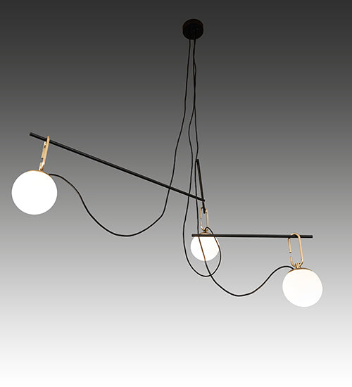 Meyda Lighting Bola Mahina 64" 3-Light Brushed Waxed Brass & Textured Black Pendant Pendant Light With White Opal Shade Glass