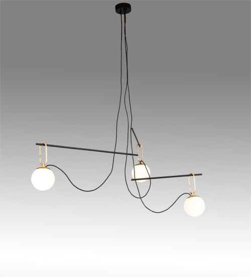 Meyda Lighting Bola Mahina 64" 3-Light Brushed Waxed Brass & Textured Black Pendant Pendant Light With White Opal Shade Glass