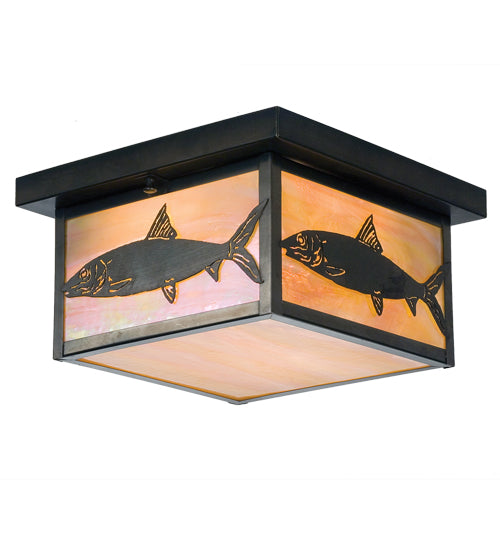 Meyda Lighting Bonefish 12"Sq 2-Light Craftsman Brown Flush Mount Light With Beige Iridescent Shade Glass