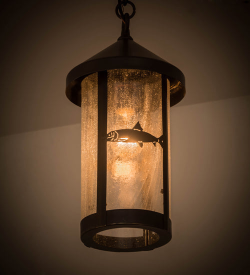 Meyda Lighting Bonefish 8" Craftsman Brown Fulton Hanging Lantern Pendant Light With Clear Seeded Shade Glass