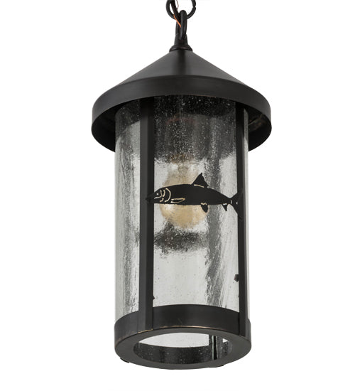 Meyda Lighting Bonefish 8" Craftsman Brown Fulton Hanging Lantern Pendant Light With Clear Seeded Shade Glass