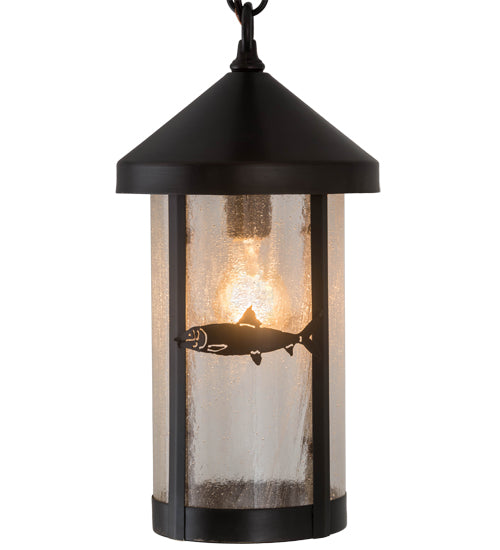 Meyda Lighting Bonefish 8" Craftsman Brown Fulton Hanging Lantern Pendant Light With Clear Seeded Shade Glass