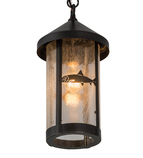 Meyda Lighting Bonefish 8" Craftsman Brown Fulton Hanging Lantern Pendant Light With Clear Seeded Shade Glass