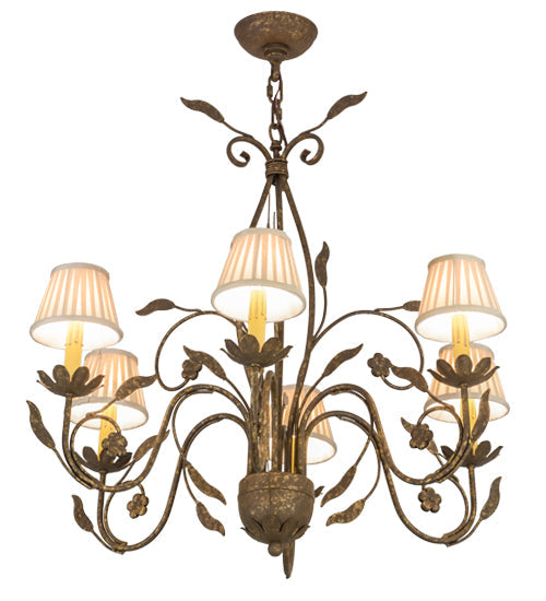 Meyda Lighting Bordeaux 30" 6-Light Pompeii Gold Chandelier With Cream Pleated Silk Shade