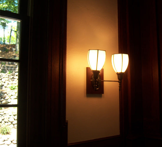 Meyda Lighting Borough Hall 18" 2-Light Craftsman Brown Wall Sconce With White Art Shade Glass
