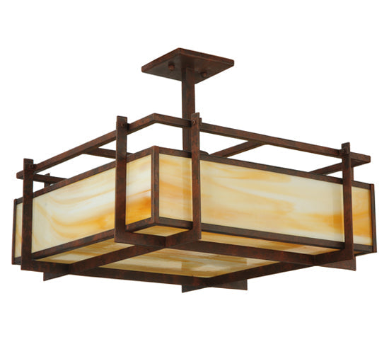 Meyda Lighting Boulder Creek 27" 2-Light Rusty Nail Pendant Light With Beige Art Shade Glass