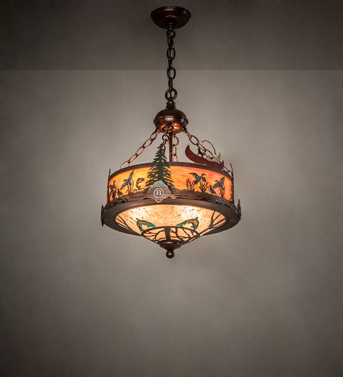 Meyda Lighting Boulders 16" 4-Light New Copper Vein & Hand Paint Personalized Inverted Pendant Light With Amber & Silver Mica Shade Glass
