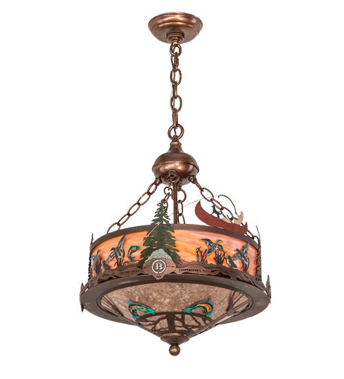 Meyda Lighting Boulders 16" 4-Light New Copper Vein & Hand Paint Personalized Inverted Pendant Light With Amber & Silver Mica Shade Glass