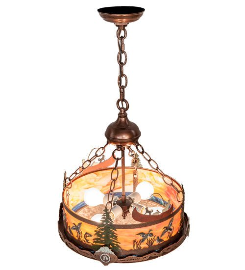 Meyda Lighting Boulders 16" 4-Light New Copper Vein & Hand Paint Personalized Inverted Pendant Light With Amber & Silver Mica Shade Glass