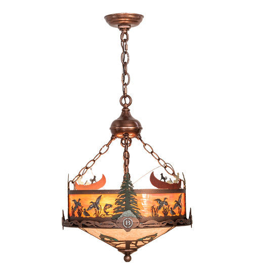 Meyda Lighting Boulders 16" 4-Light New Copper Vein & Hand Paint Personalized Inverted Pendant Light With Amber & Silver Mica Shade Glass