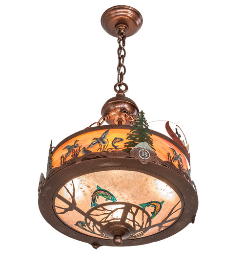 Meyda Lighting Boulders 16" 4-Light New Copper Vein & Hand Paint Personalized Inverted Pendant Light With Amber & Silver Mica Shade Glass