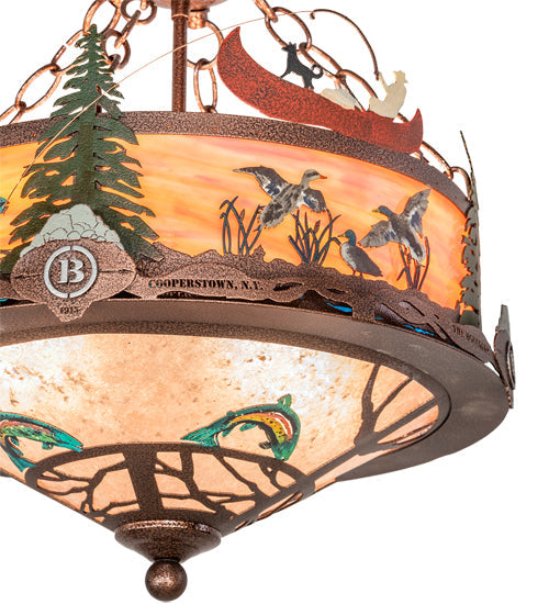 Meyda Lighting Boulders 16" 4-Light New Copper Vein & Hand Paint Personalized Inverted Pendant Light With Amber & Silver Mica Shade Glass