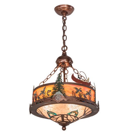 Meyda Lighting Boulders 16" 4-Light New Copper Vein & Hand Paint Personalized Inverted Pendant Light With Amber & Silver Mica Shade Glass