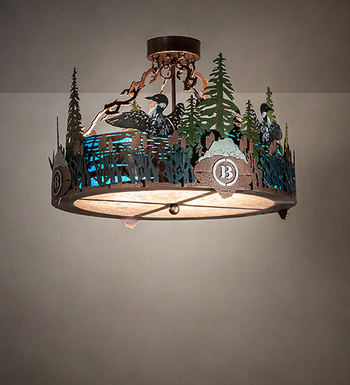 Meyda Lighting Boulders 22" 4-Light New Copper Vein & Hand Paint Personalized Semi-flush Mount Light With Multi-Colored Shade Glass