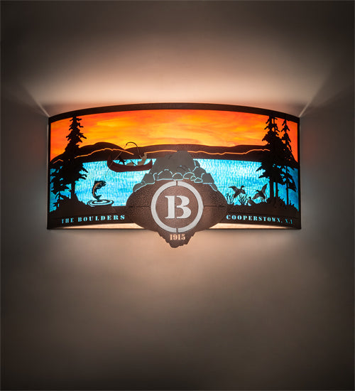 Meyda Lighting Boulders 30" 4-Light New Copper Vein & Hand Paint Personalized Wall Sconce With Orange & Blue Shade Glass