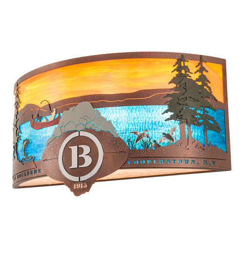 Meyda Lighting Boulders 30" 4-Light New Copper Vein & Hand Paint Personalized Wall Sconce With Orange & Blue Shade Glass