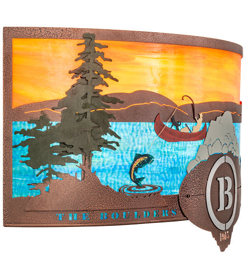 Meyda Lighting Boulders 30" 4-Light New Copper Vein & Hand Paint Personalized Wall Sconce With Orange & Blue Shade Glass