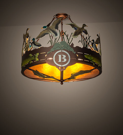 Meyda Lighting Boulders 30" 6-Light New Copper Vein & Hand Paint Personalized Semi-flush Mount Light With Amber Mica Shade Glass