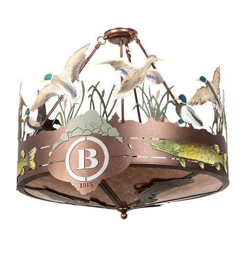 Meyda Lighting Boulders 30" 6-Light New Copper Vein & Hand Paint Personalized Semi-flush Mount Light With Amber Mica Shade Glass