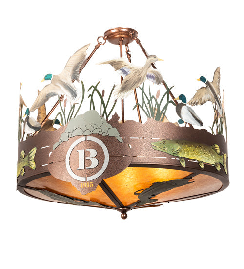 Meyda Lighting Boulders 30" 6-Light New Copper Vein & Hand Paint Personalized Semi-flush Mount Light With Amber Mica Shade Glass