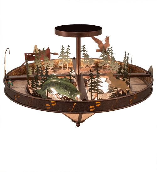 Meyda Lighting Boulders 32" 6-Light New Copper Vein Personalized Semi-flush Mount Light With Amber Mica & Silver Mica Shade Glass