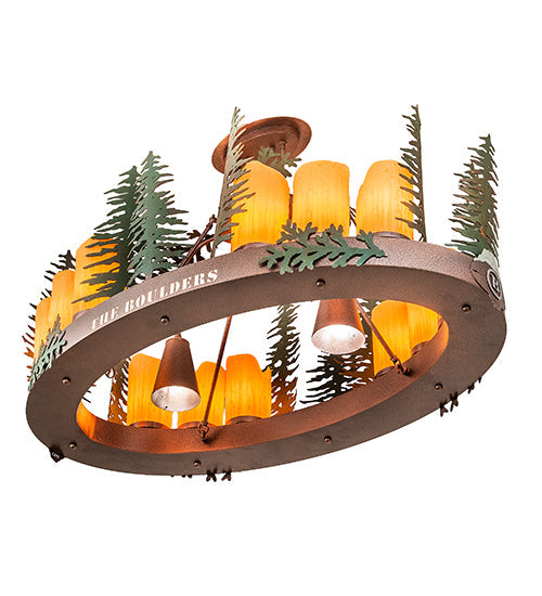 Meyda Lighting Boulders 42" 14-Light New Copper Vein & Hand Paint Island Pendant Light With Amber & Silver Mica Shade