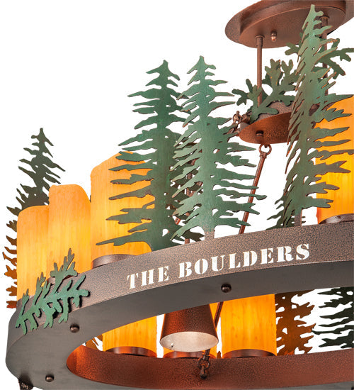 Meyda Lighting Boulders 42" 14-Light New Copper Vein & Hand Paint Island Pendant Light With Amber & Silver Mica Shade
