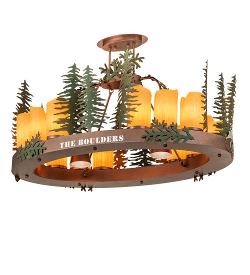 Meyda Lighting Boulders 42" 14-Light New Copper Vein & Hand Paint Island Pendant Light With Amber & Silver Mica Shade