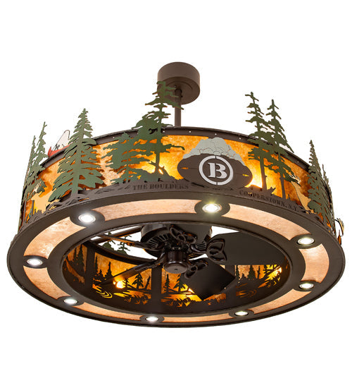 Meyda Lighting Boulders 44" 8-Light Oil Rubbed Bronze Personalized Chandelier With Amber Mica & Silver Mica Shade Glass and Fan