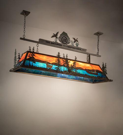 Meyda Lighting Boulders 72" 9-Light Antique Copper & Raw Steel Personalized Island Pendant Light With Multi-Colored Shade Glass