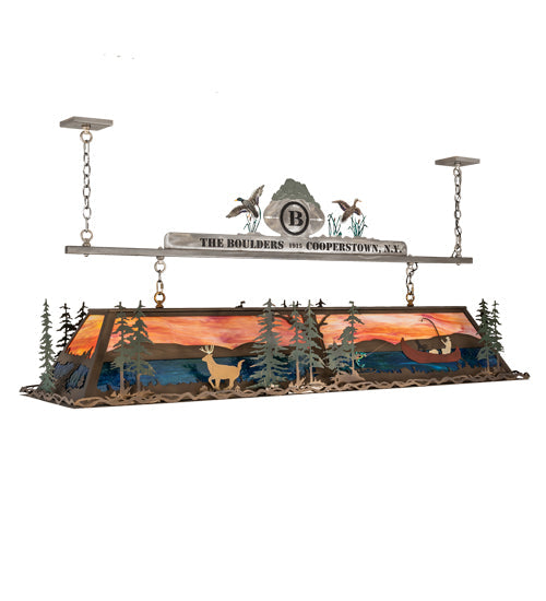 Meyda Lighting Boulders 72" 9-Light Antique Copper & Raw Steel Personalized Island Pendant Light With Multi-Colored Shade Glass