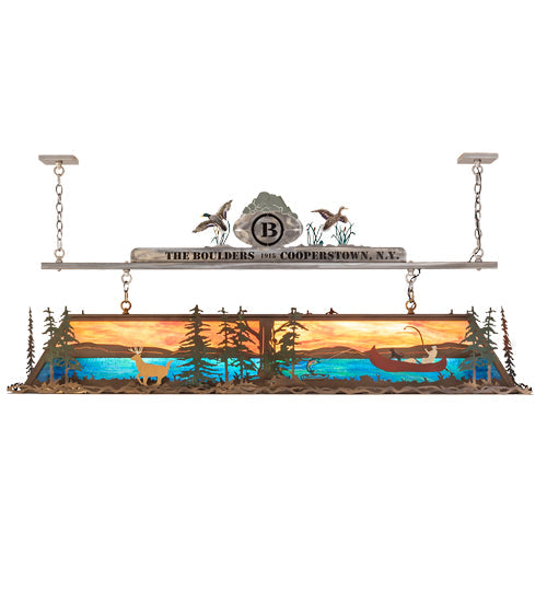 Meyda Lighting Boulders 72" 9-Light Antique Copper & Raw Steel Personalized Island Pendant Light With Multi-Colored Shade Glass