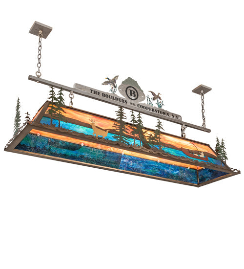 Meyda Lighting Boulders 72" 9-Light Antique Copper & Raw Steel Personalized Island Pendant Light With Multi-Colored Shade Glass