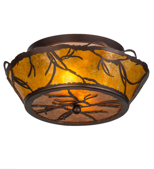 Meyda Lighting Branches 16" 2-Light Mahogany Bronze Flush Mount Light With Amber Mica Shade Glass